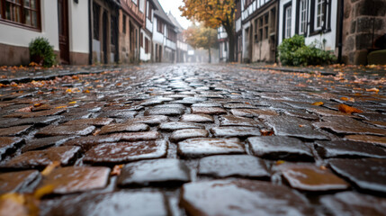 Misty morning in old European town with cobblestone street