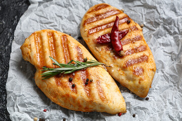 Tasty grilled chicken breast with rosemary, dried chilli peppers and peppercorns, closeup