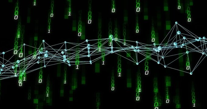 Animation of binary code network connecting over digital matrix background