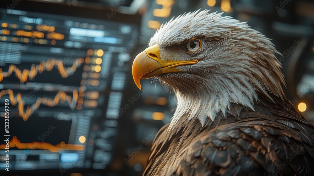 Aufkleber A striking bald eagle sits proudly in front of trading screens displaying financial data. The eagle symbolizes strength and vigilance in a bustling financial setting.