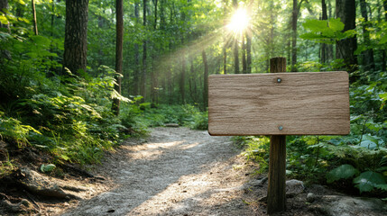 serene forest path with sunlight filtering through trees and blank sign