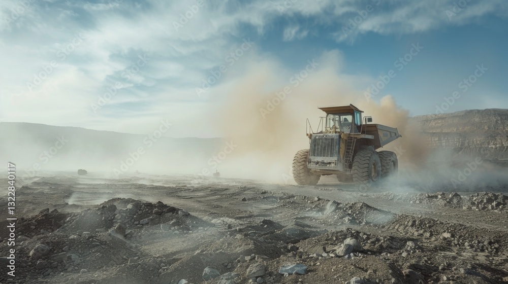 Leinwandbilder a large construction vehicle moves through dusty terrain at a mining site in the afternoon. dust clo