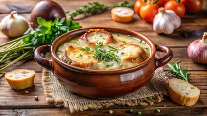 French onion soup in ceramic bowl with melted cheese and fresh herbs on top, comfort food