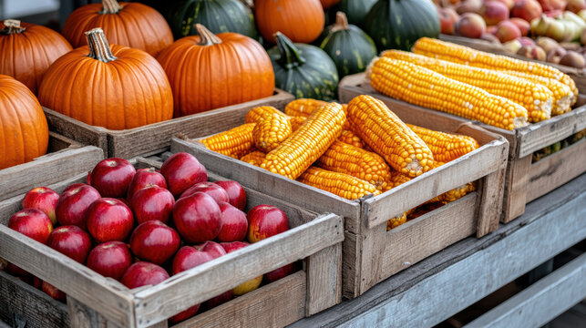 Fresh pumpkins, corn, and apples displayed in wooden crates at market
