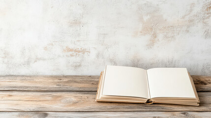 Fototapeta premium open blank book resting on wooden table against textured wall