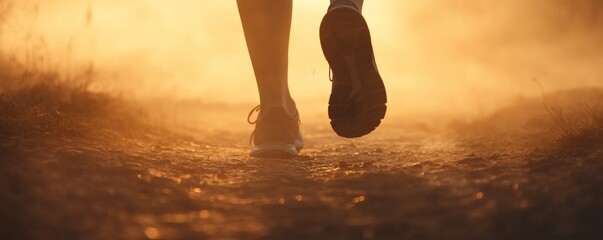 Person running on a dusty path illuminated by the sunlight