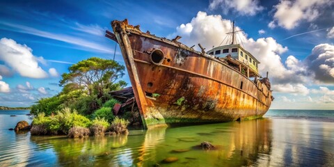 A dilapidated vessel is partially submerged in seawater, with vegetation growing on its rusted hull and debris scattered around it , abandoned ship, time erosion
