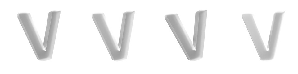 Set of 4 3d white frosted glass of letter V shapes isolated on a transparent background. Upper case. 3d education elements for graphic design.