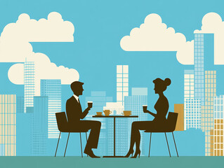 A flat illustration of a minimalist city outdoor cafe