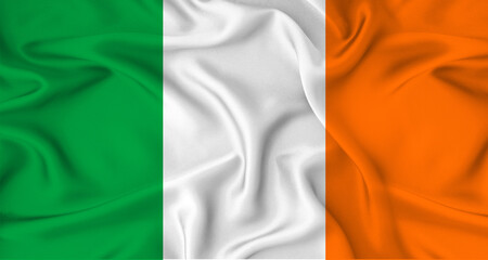 Realistic Ireland flag waving. Close up of flag of Ireland with cloth texture