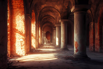 Fototapeta premium Dramatic Sunlit Cracks Illuminate Abandoned Hallway with Mysterious Atmosphere and Timeless Elegance In Rustic Ambience