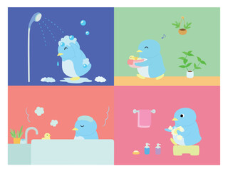 入浴をするペンギンのイラスト