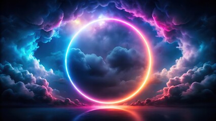 Obraz premium A vibrant neon ring radiates light within a turbulent stormy cloud against a dark and ominous sky backdrop , cloud, sky, cloud