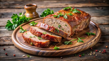 A freshly baked German-style meatloaf sliced into thick pieces on a wooden cutting board, garnished with fresh parsley and served on a rustic ceramic plate , leberkase, baking