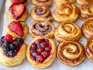 ベリーとシナモンロールのデニッシュペストリーの盛り合わせ | Assorted Berry and Cinnamon Danish Pastries