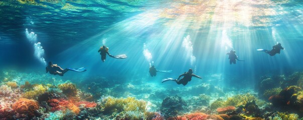 Fototapeta premium Several scuba divers explore vibrant coral reefs in the ocean depths