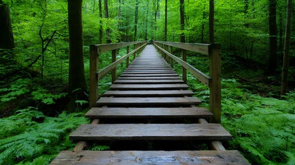 Fototapeta premium Walking Wooden Footbridge Through Green Forest Offering Peaceful Nature Escape