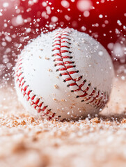 Close-up of a baseball in sand with dynamic motion effect