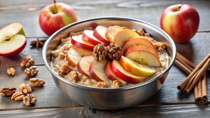 Steel bowl containing delicious apple cinnamon overnight oats topped with crunchy walnuts and fresh fruit slices , morning meal, breakfast