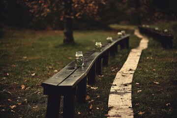 Rustic Wooden Benches with Mason Jar Lights