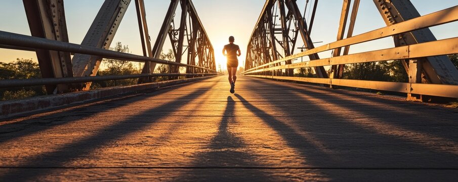 A single runner moving across a bridge at sunset or sunrise
