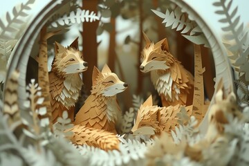 Fototapeta premium A beautiful scene of paper-crafted foxes surrounded by intricate foliage, showcasing artistry and creativity in wildlife representation. Perfect for nature-themed projects.