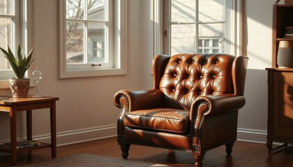 Elegant Leather Armchair Near Bright Windows in Cozy Living Room with Plants