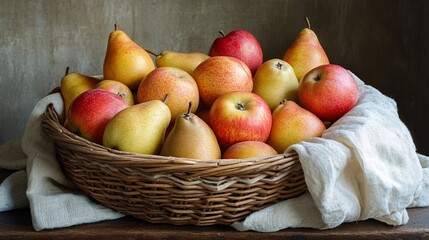 Photography of a basket filled with fresh apples and pears, covered with a soft linen cloth