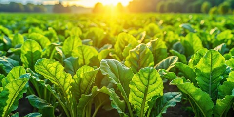 Dense cluster of bright green sugar beet plants growing in a lush green field with sunlight filtering through the leaves, agriculture, vibrant green