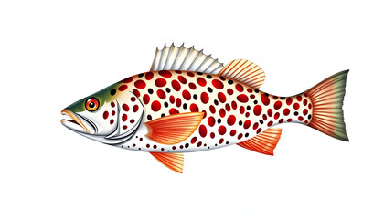 Fototapeta premium Coral trout on white. Leopard coral groupe, or leopard coral trou. Realistic illustration Sea bass PNG, Paper Cutout style. with white shades