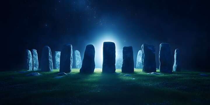 Mystical Stone Circle Shrouded in Ethereal Energy Under the Midnight Sky