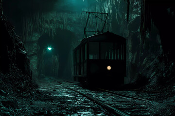 Naklejka premium Weathered trolley making its way through a dark underground tunnel, evoking a sense of industrial age exploration
