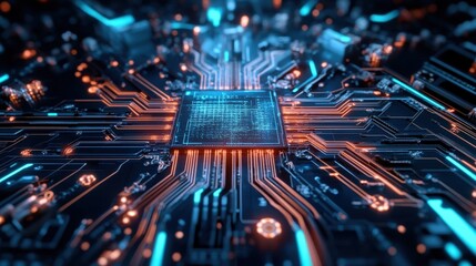 Obraz premium A close-up of a powerful quantum computer chip with neon blue circuitry