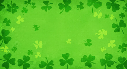 A Vibrant Green Background Filled With Delicate Shamrocks In A Textured Watercolor Style