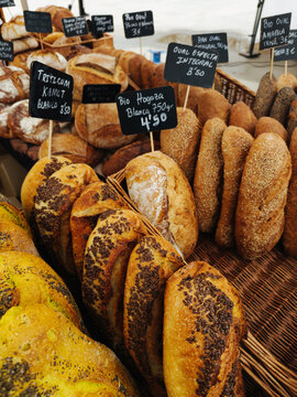 Artisan bread varieties in food market display