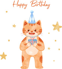 Cute Birthday Cat with Gift and Party Hat. Watercolor vector perfect for nursery, Birthday party, Print for invitation card, Poster Template