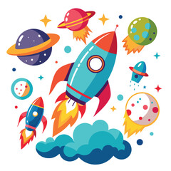 A cartoon drawing of three rockets with blue eyes and a red one on the left