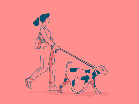 Woman and dog walking on coral background