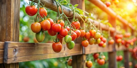 Fresh tomatoes hanging from a wooden trellis in a garden ready for harvesting, vegetable, tomatoes,  vegetable,tomatoes, greenery