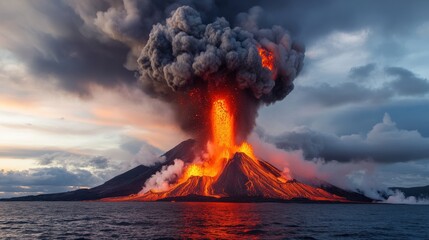 A coastal volcanic island erupting, with steam rising as lava meets the ocean, creating dramatic explosions of boiling water