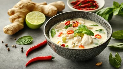 Delicious Thai Tom Kha Gai Soup with Chicken, Coconut Milk and Herbs