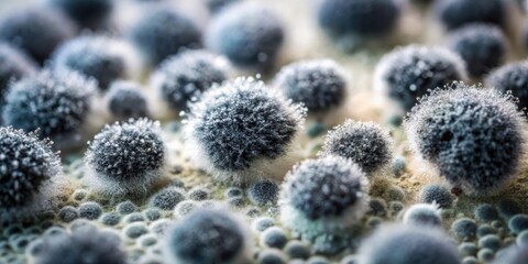 A close-up of black mold Aspergillus growing on a damp surface with visible spores and a fuzzy texture, growth, mycology, growth