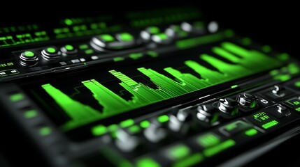 Green Illuminated Audio Mixing Console Interface