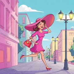 Mujer con vestido rosado caminando en la ciudad