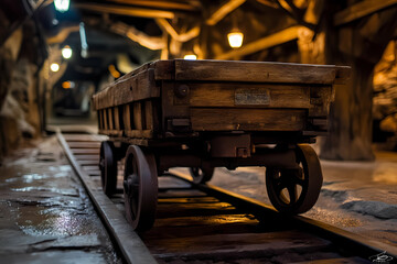 Historic Wooden Ore Cart Rolling on Iron Tracks Deep Within an Authentic, Industrial Mining Environment
