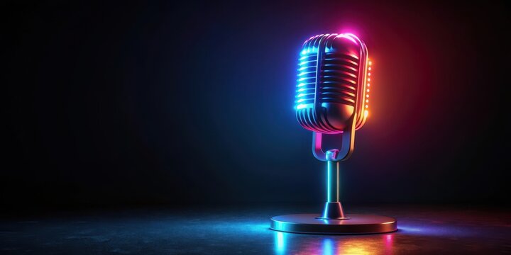 In the darkness, a retro-style neon microphone shines with an ethereal glow, highlighting its unique aesthetic and modern appeal , modern appeal, retro neon microphone