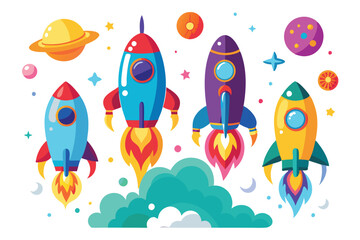 A cartoon drawing of a rocket with the moon and stars