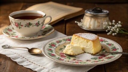 Floral Tea Set with Cake and Antiquities on Rustic Table