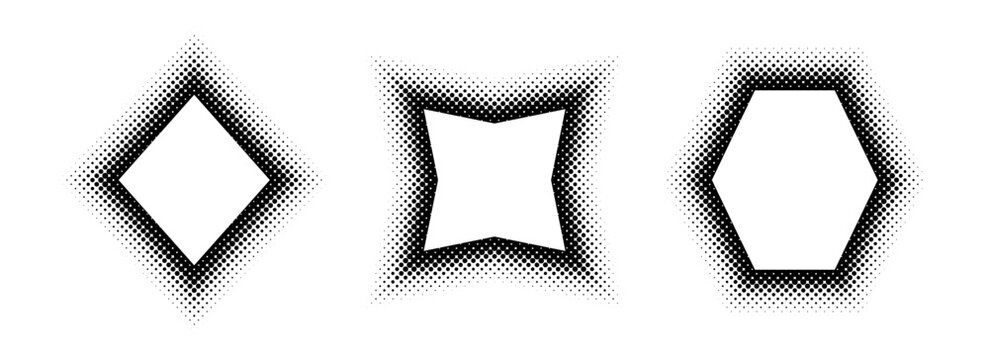 Black halftone geometric frame set. Dotted gradient border collection. Pop art comic picture holder design for banner template, copy space, emblem, poster element. Vector rasterized geo framing pack