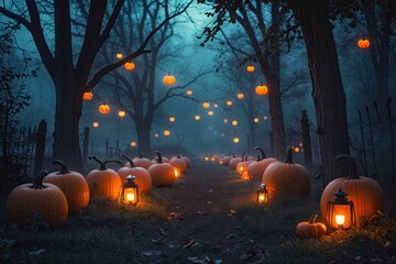 Gloomy Atmospheric Pumpkin Scenes with Glowing Lanterns for Halloween Celebration